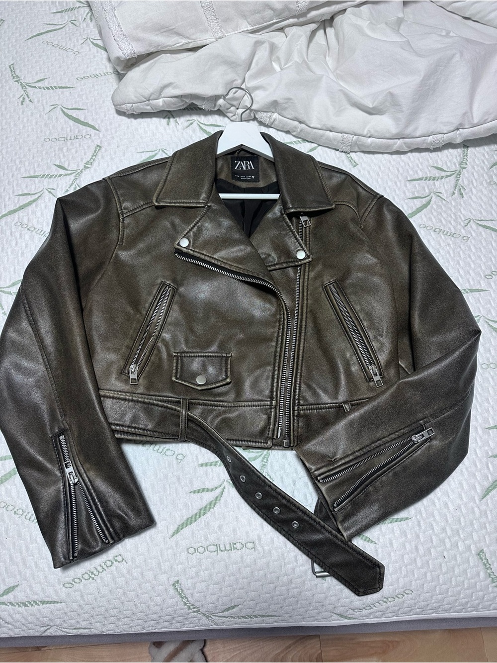 Zara Olive Faux Leather Cropped Moto Jacket
